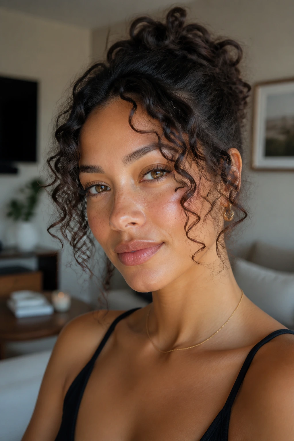 Portrait of a real woman with face framing curl tendrils around the cheeks