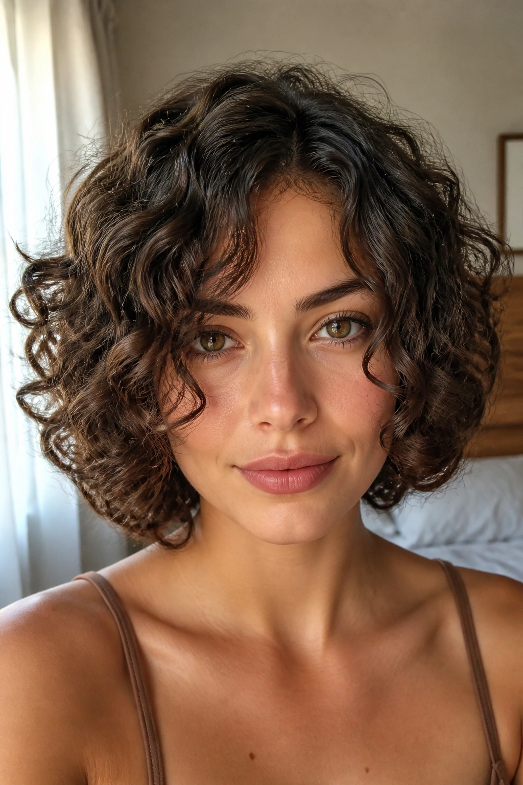Front-close portrait showing face-framing curly bob around the cheeks