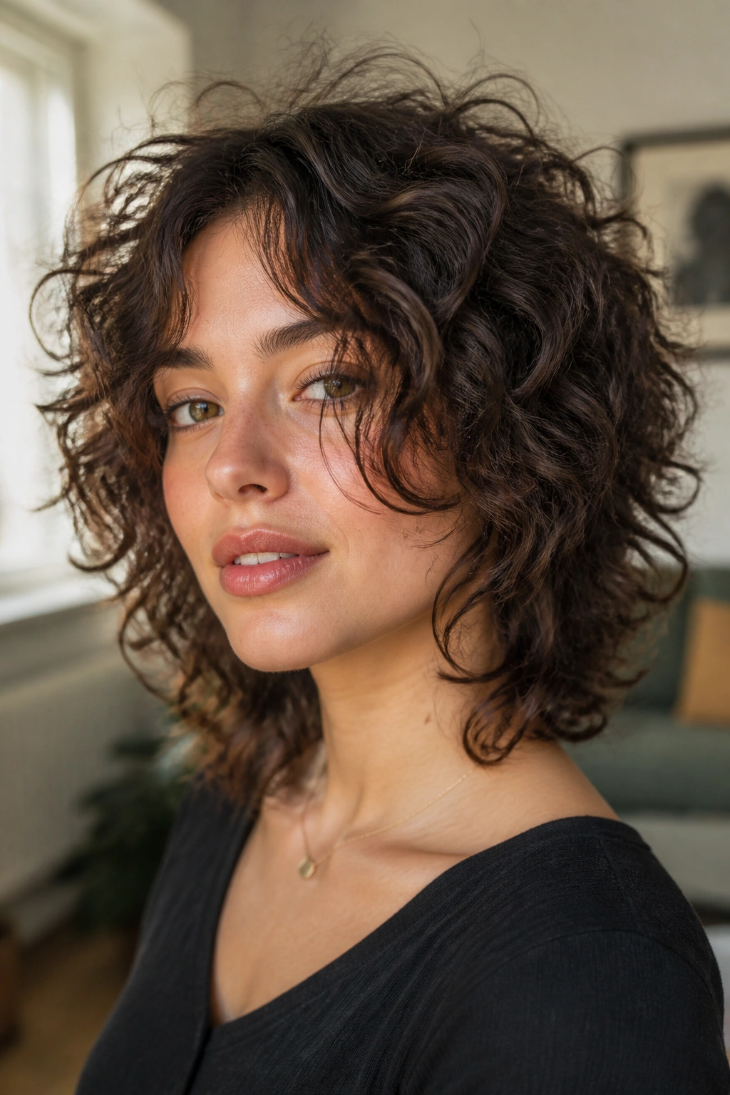 Close-up of a real person with face-framing curly shag around cheeks.