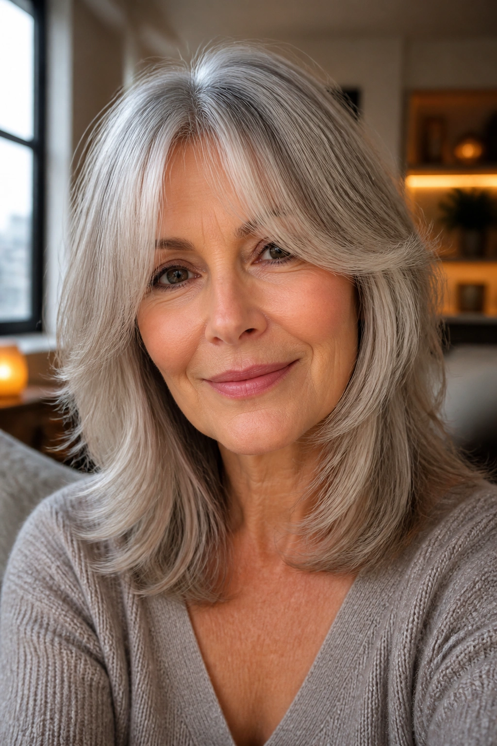 Portrait of a woman with face-framing layers and curtain bangs