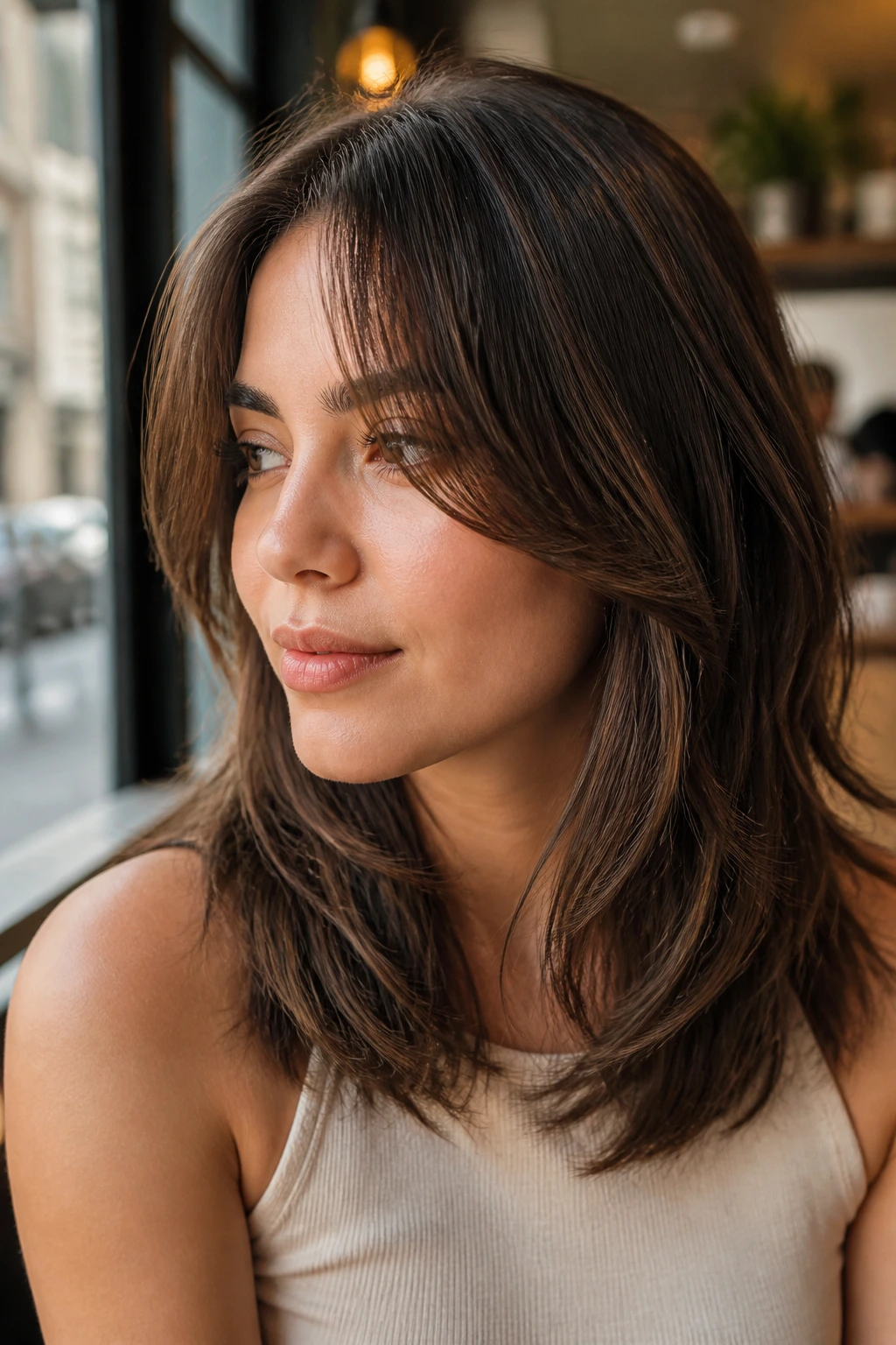 Close-up portrait of a person with face-framing curtain bangs and layered ends