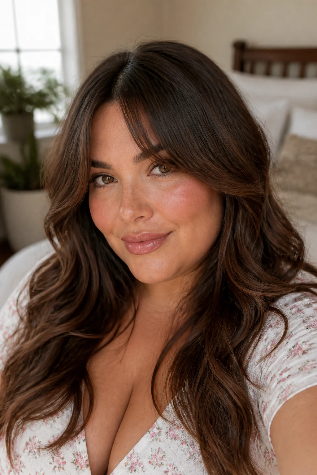 Close-up portrait of a real woman with face-framing curtain bangs under warm window light