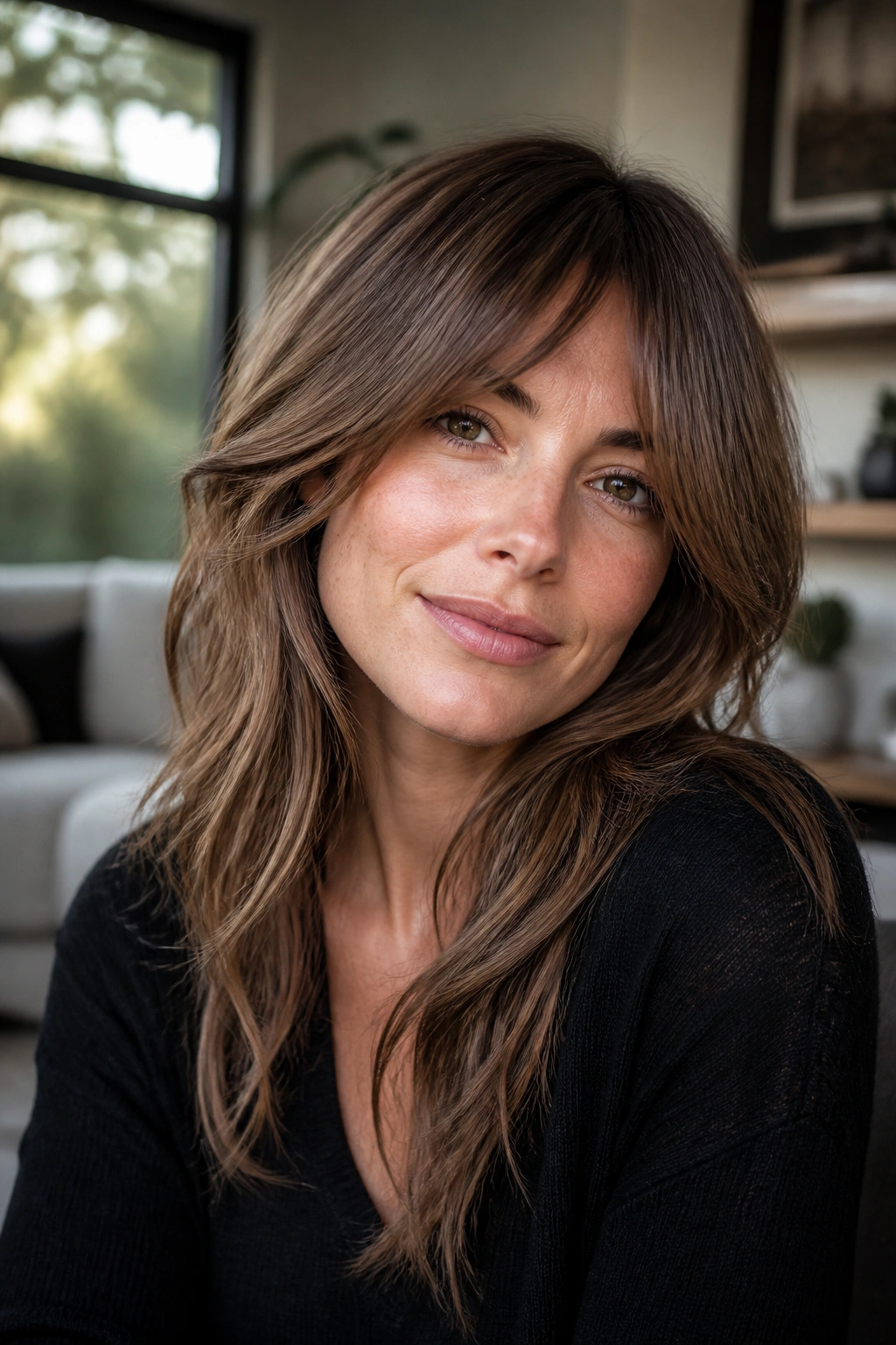 Close-up of a real woman with face-framing feathered bangs melting into layers in natural light