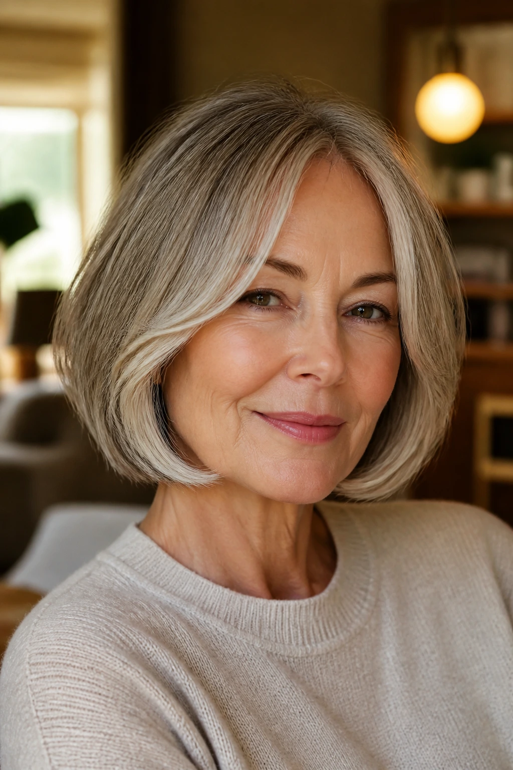 Real woman with face-framing curves in a French bob.