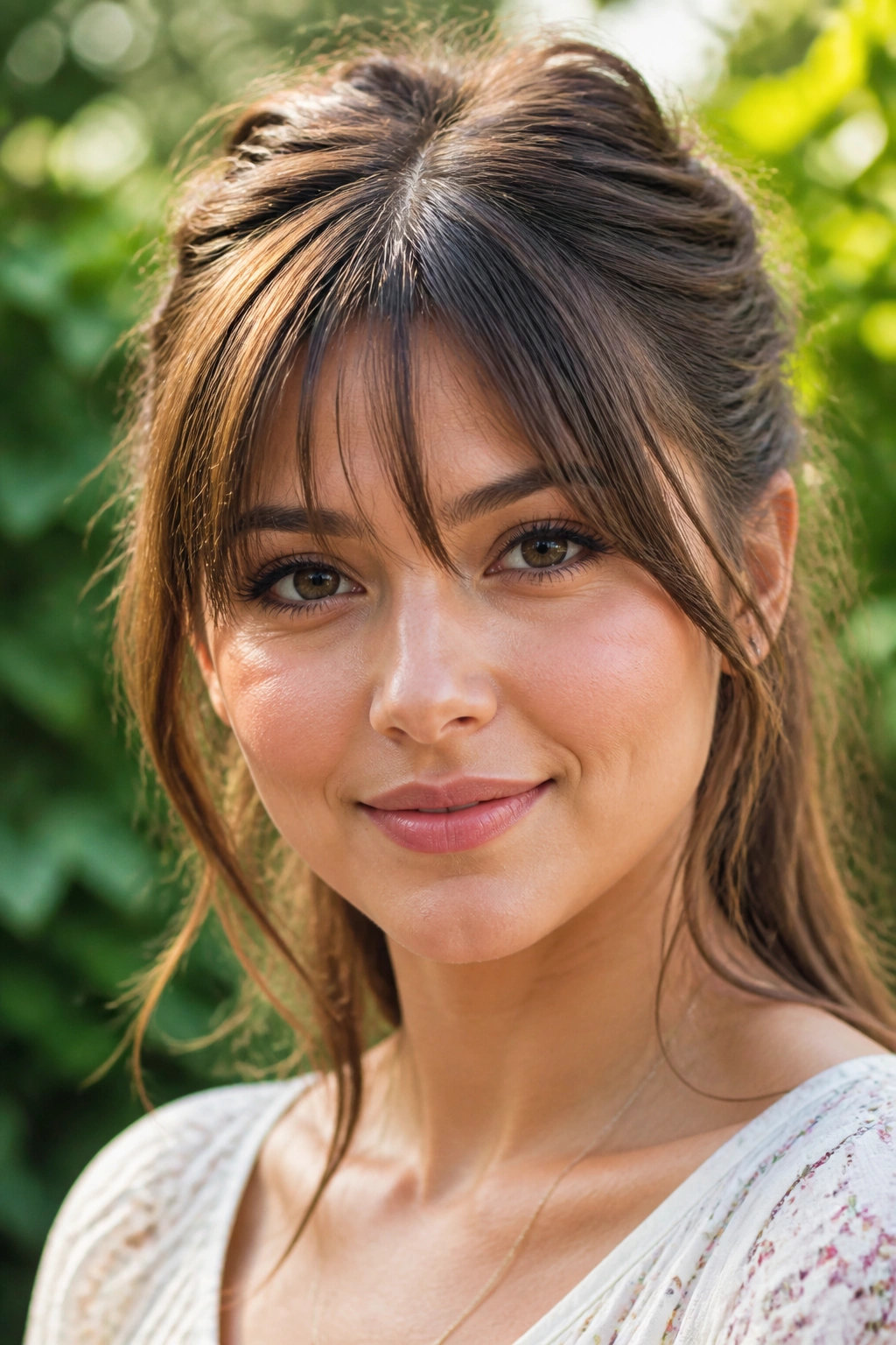 Portrait of a real woman with face-framing fringe and half-up twist outdoors