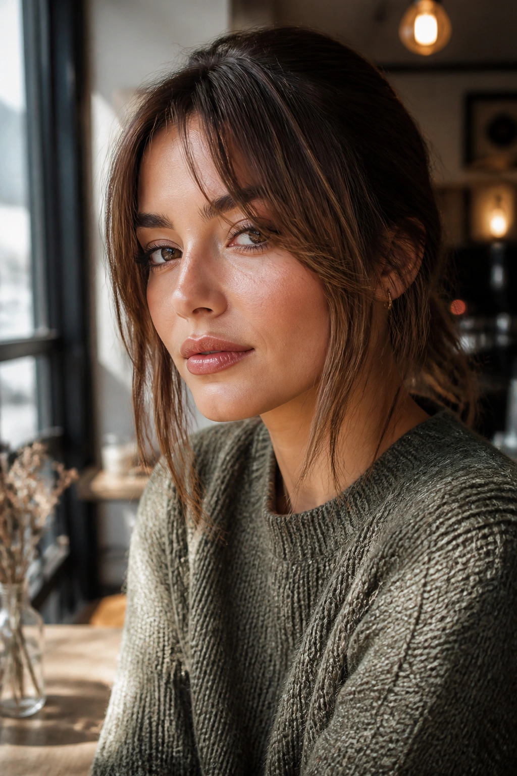 Close-up portrait of a real person with face-framing fringe around the cheeks