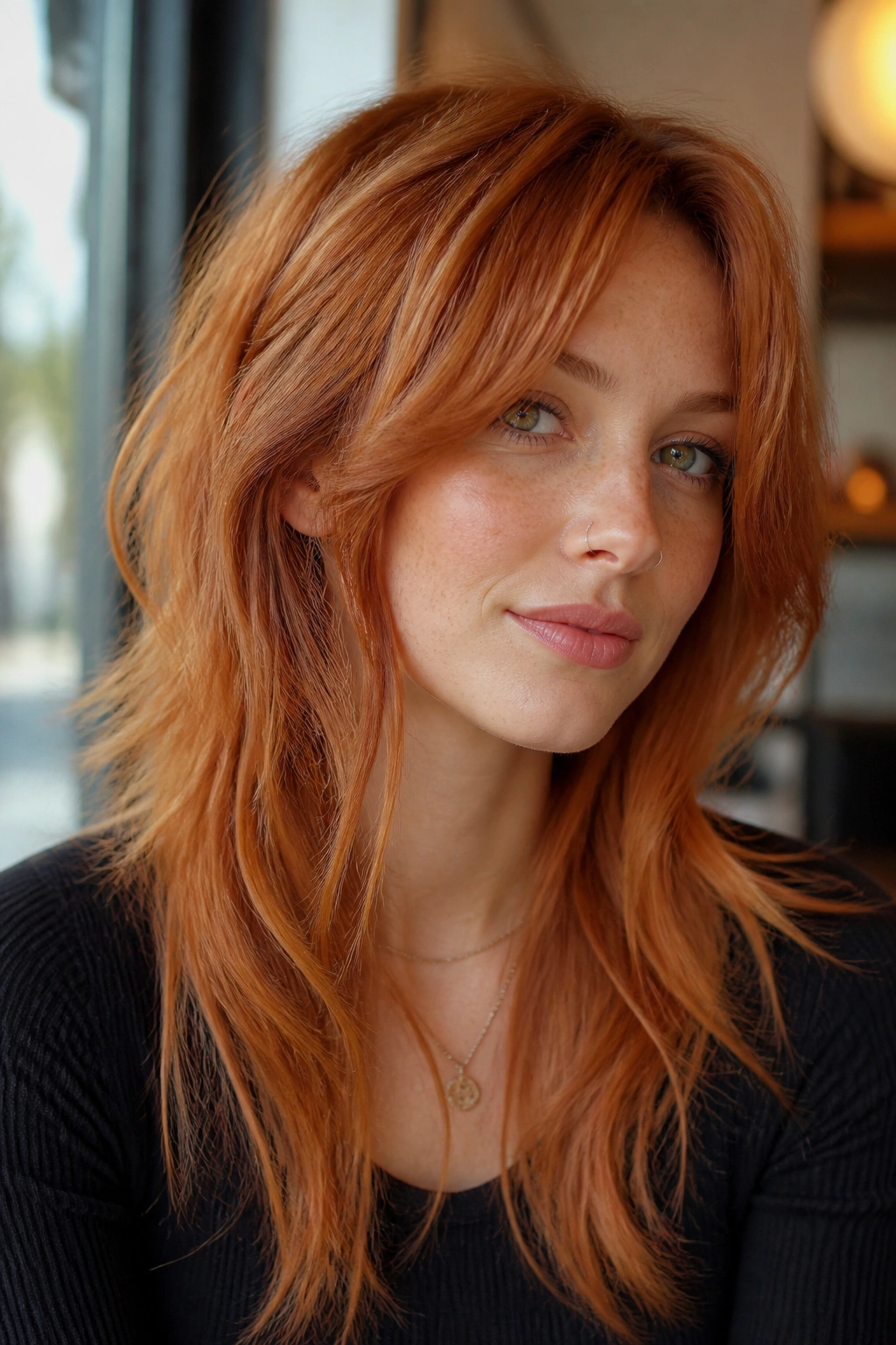 Close-up of a real woman with face-framing ginger wolf cut and long sides