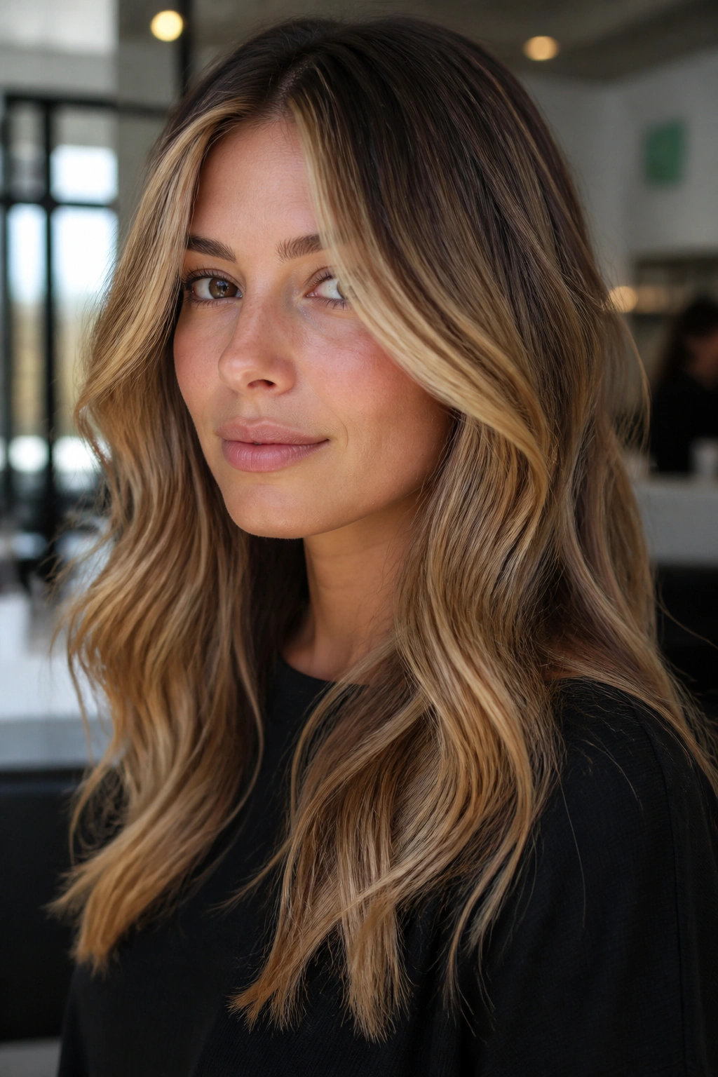Close-up of a real woman showing front face-framing highlights around the cheeks