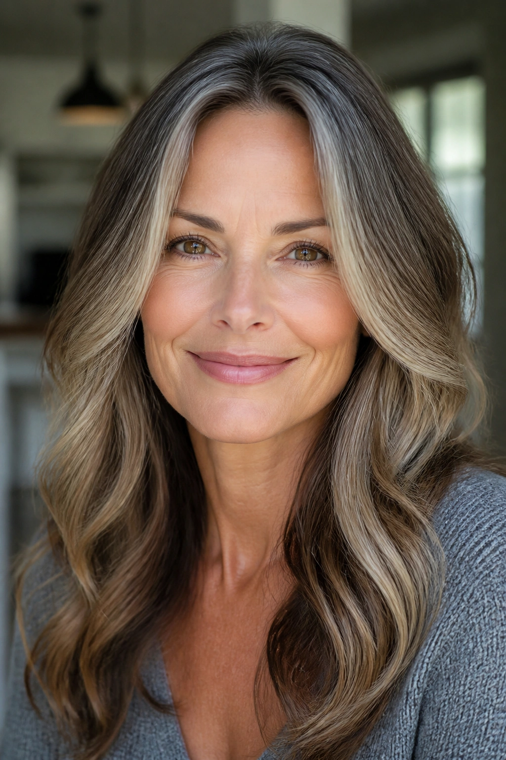 Close-up of a real woman's face with face-framing bright pieces near the cheeks