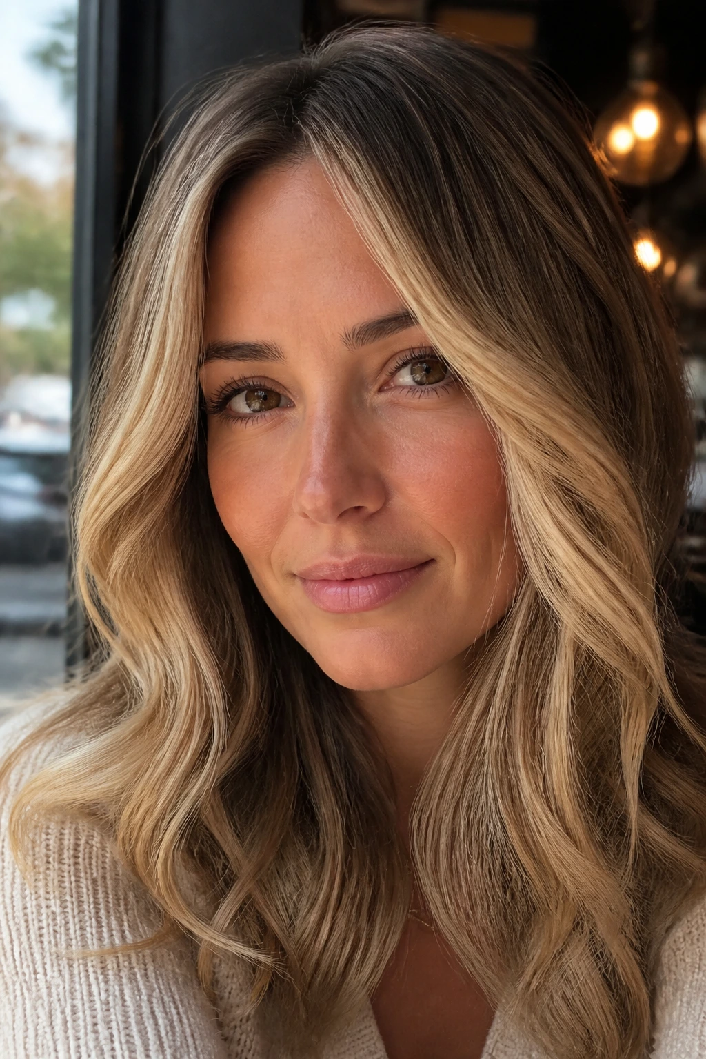 Close-up of a real woman showing face-framing honey blonde highlights around the temples.