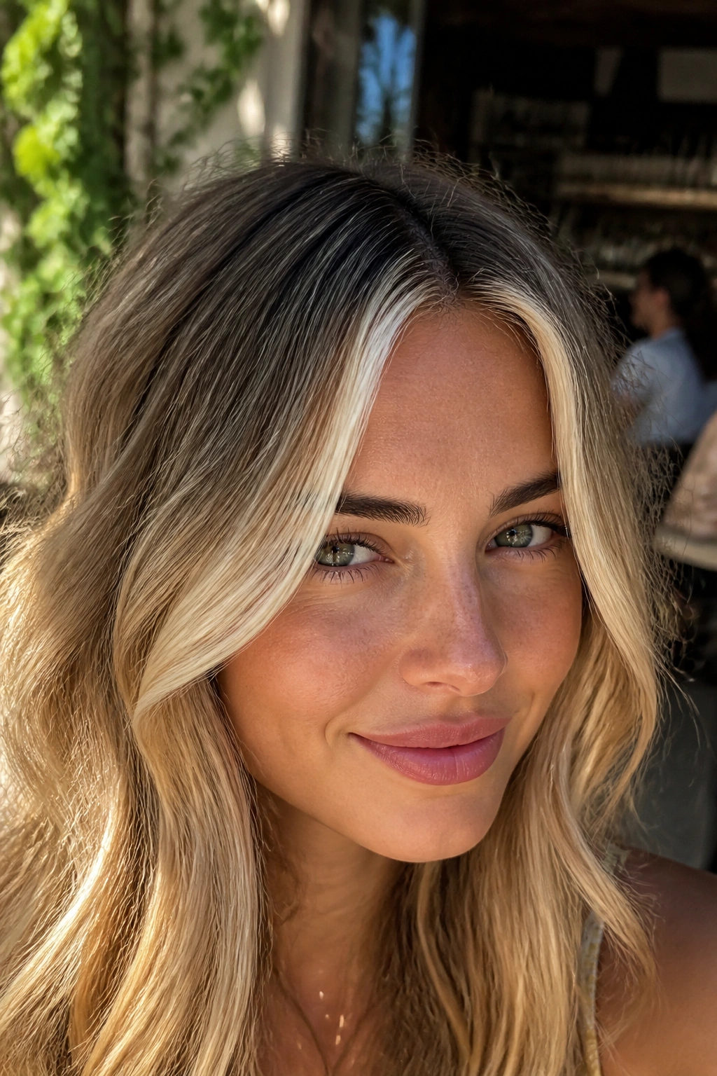 Face-framing highlights around the front hairline in sunlight