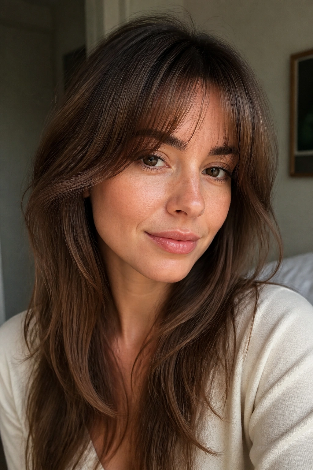 Close-up of a real person with face-framing hybrid bangs