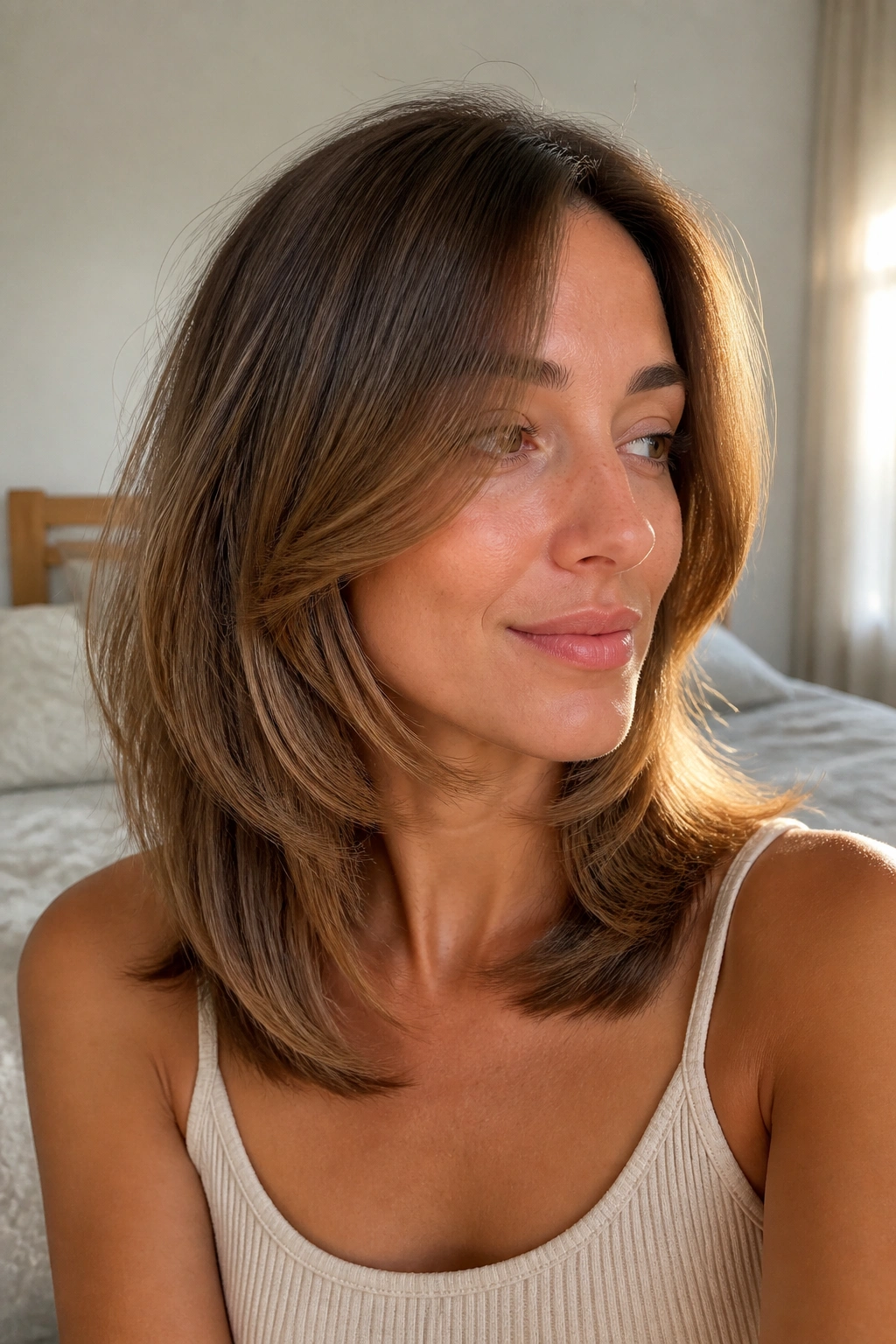 Close-up portrait of a woman with soft face-framing layers brightening the jawline in natural window light.