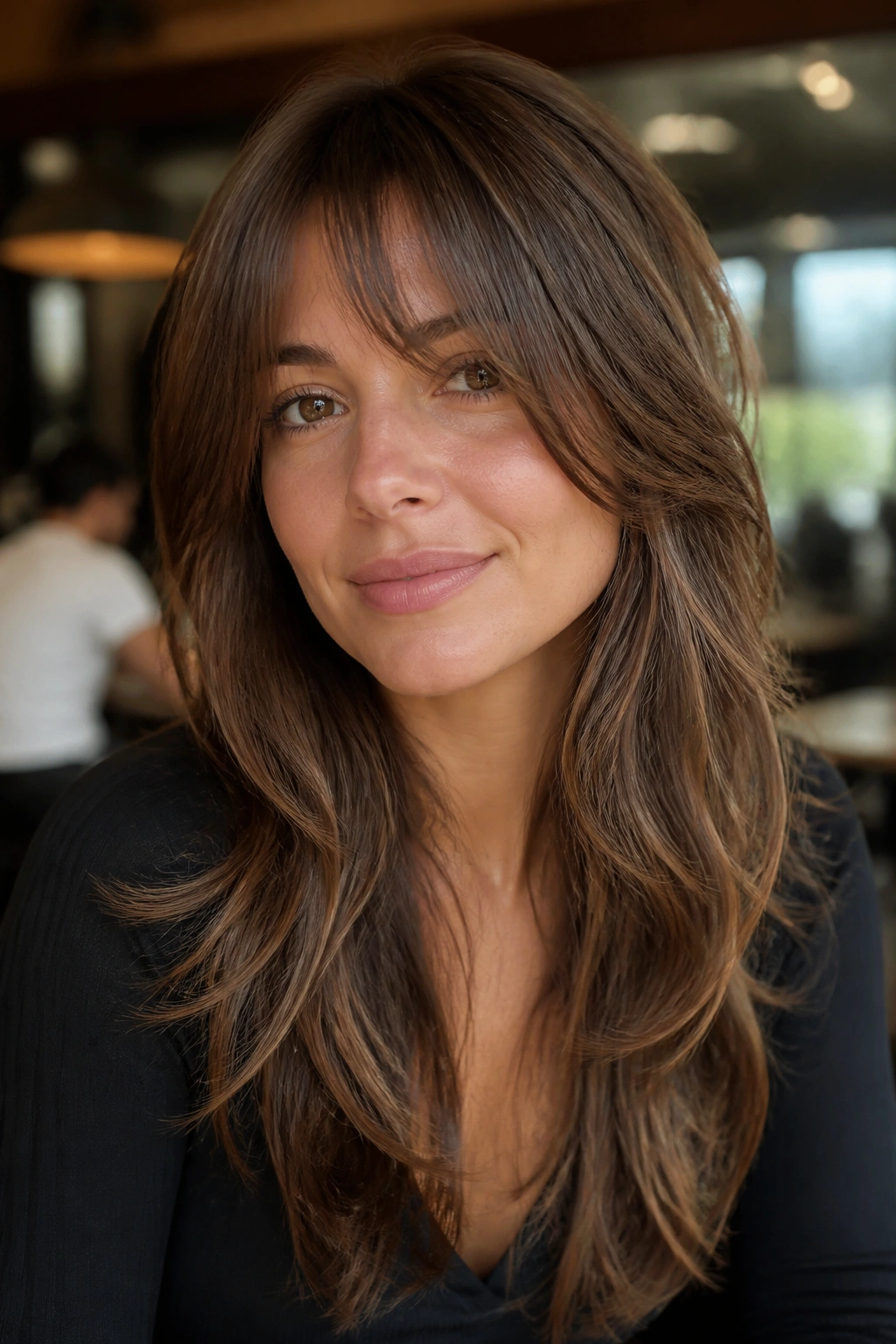 Close-up portrait of a real woman with face-framing layered bangs blending into front layers