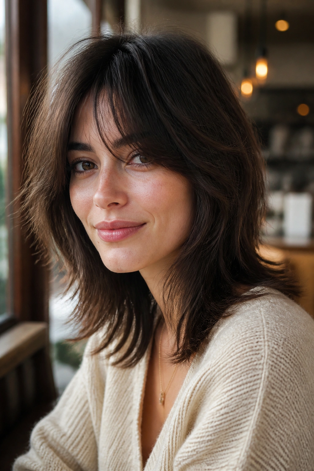 Close-up portrait of a real person with face-framing layered shag hairstyle