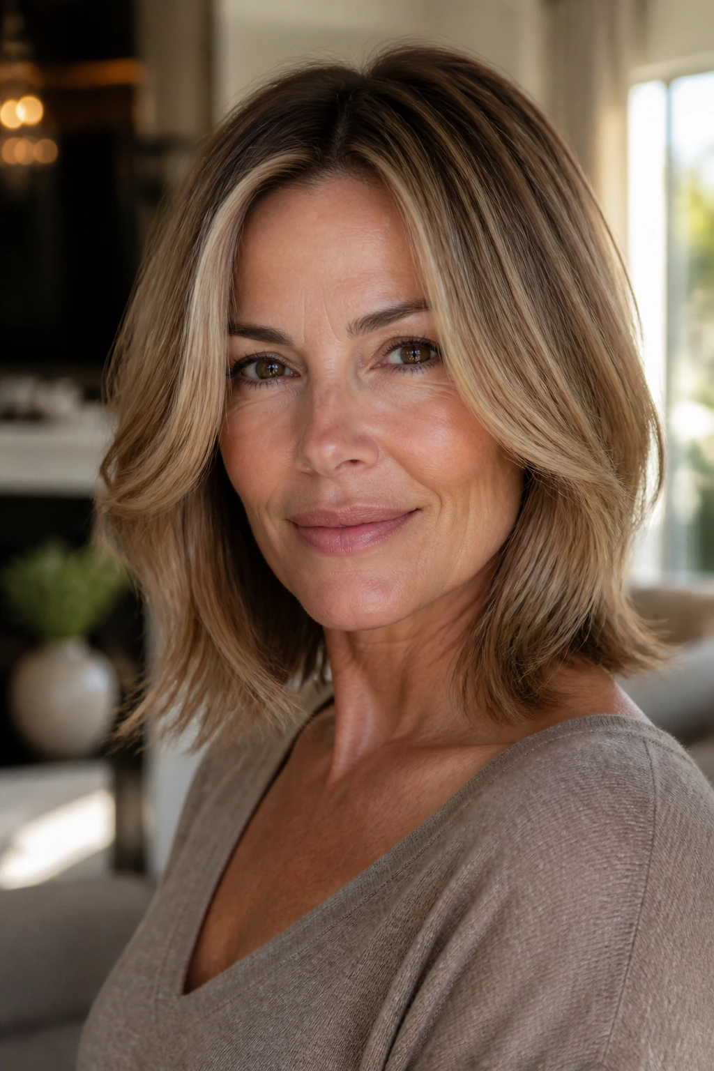 Close-up portrait of a real woman with shoulder-length hair featuring chin-length face-framing layers