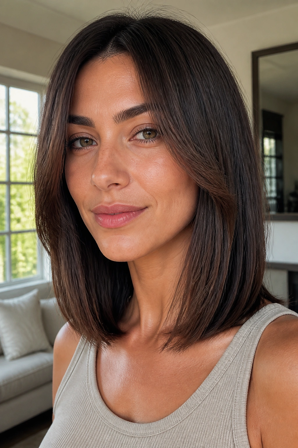 Close-up of a real woman's face showing face-framing layers with straight ends around the cheeks.