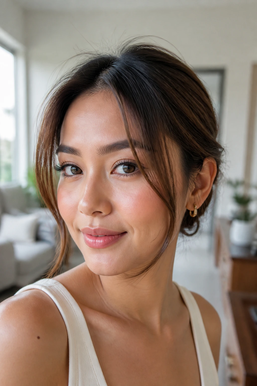 Real woman with chin- to cheekbone-length face-framing layers.