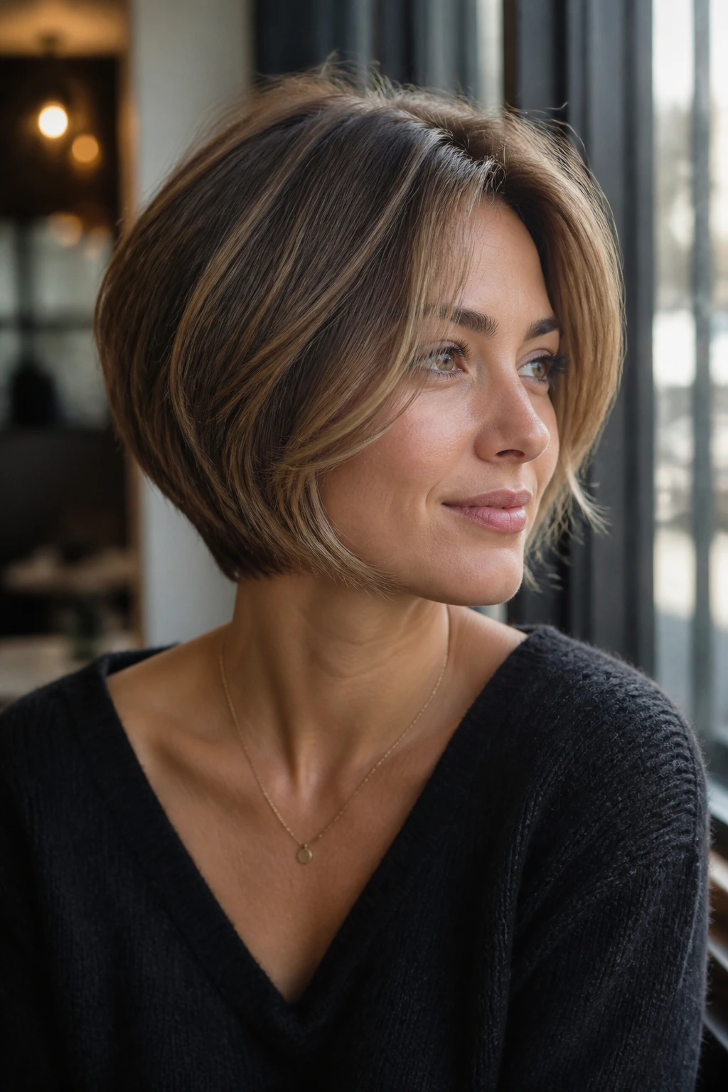 Portrait of a real woman with face-framing layers in a short bob