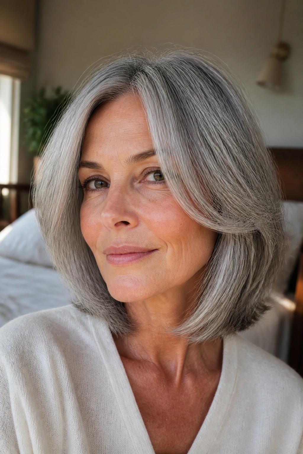Close-up of a mature woman with a center part and face-framing layers