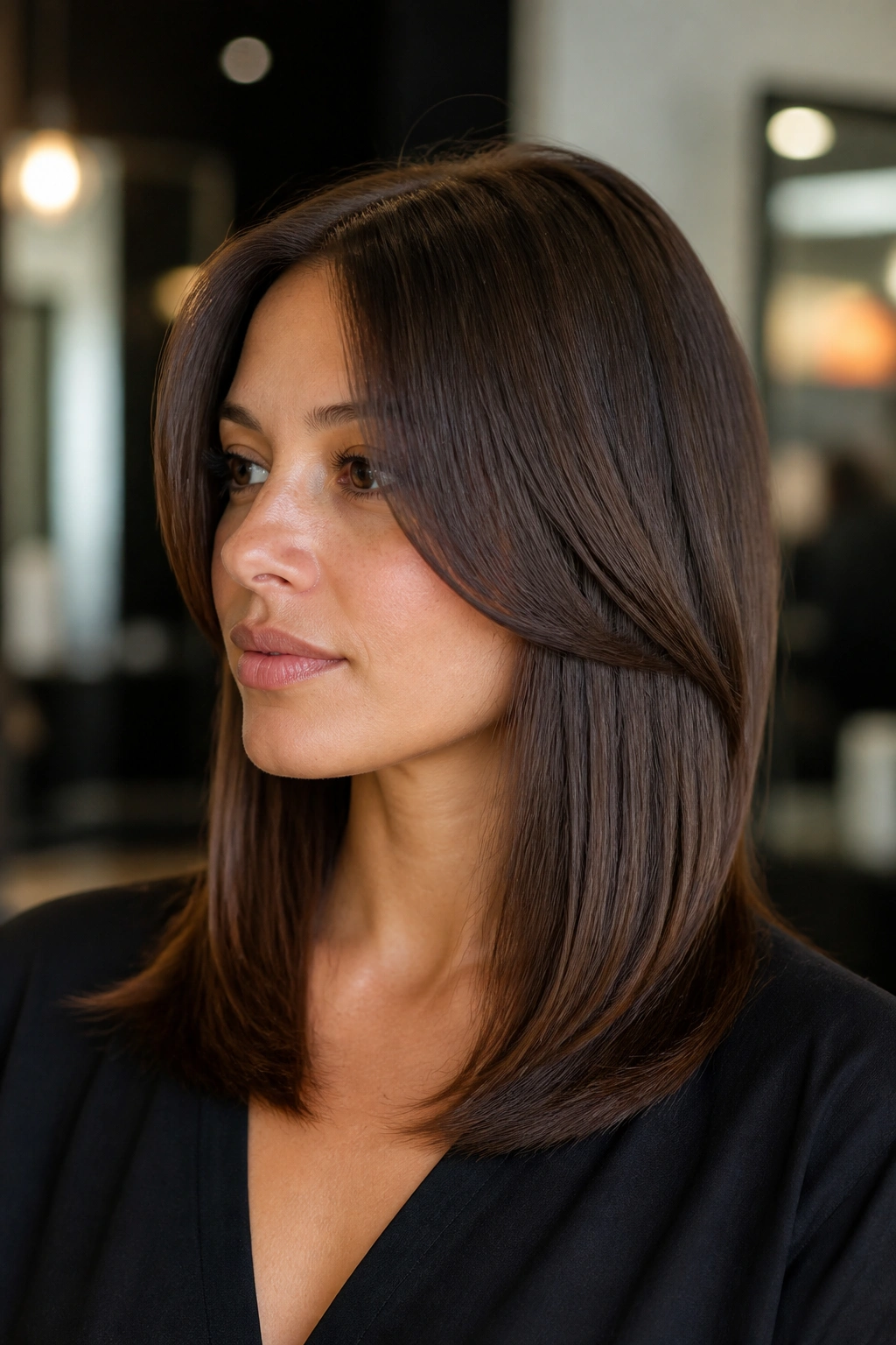 Portrait of a real woman with cheekbone-starting face-framing layers.