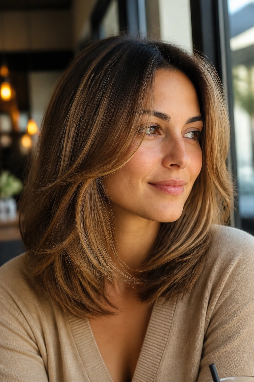 Portrait of a woman with cheekbone-anchored face-framing layers.