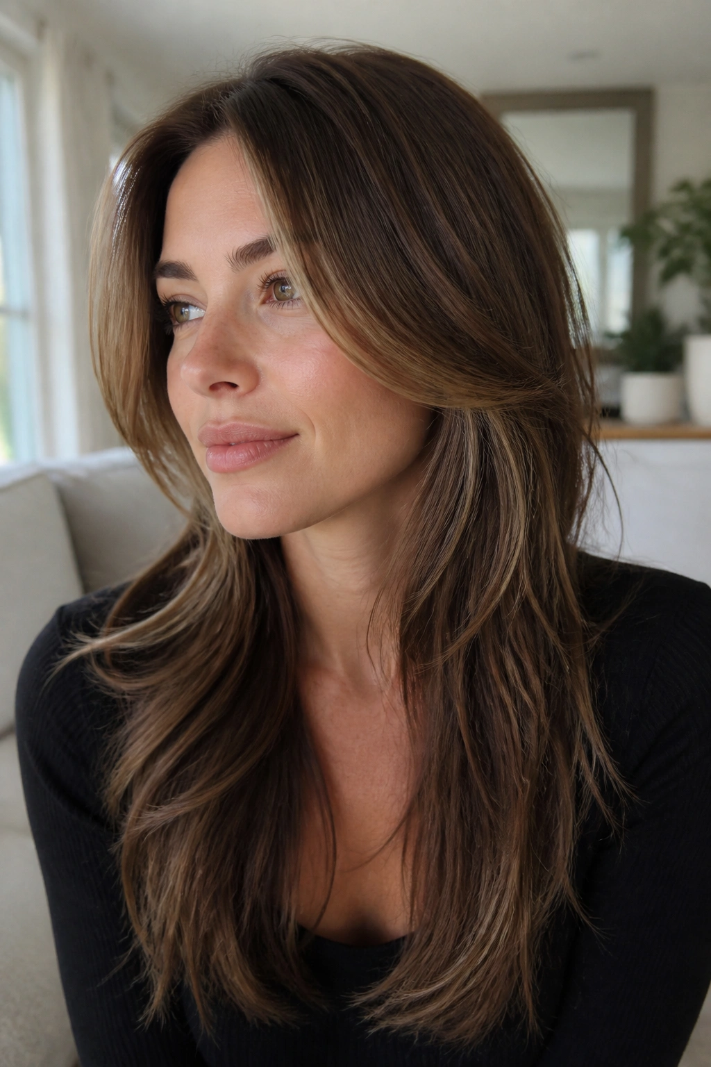 Close-up of a woman with cheekbone-length face-framing layers framing the jaw