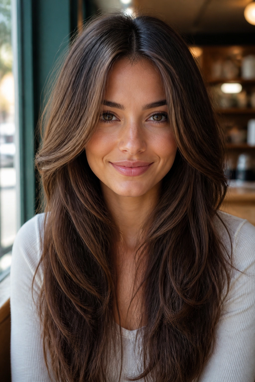 Close-up portrait of a real woman with cheekbone-initiated face-framing layers