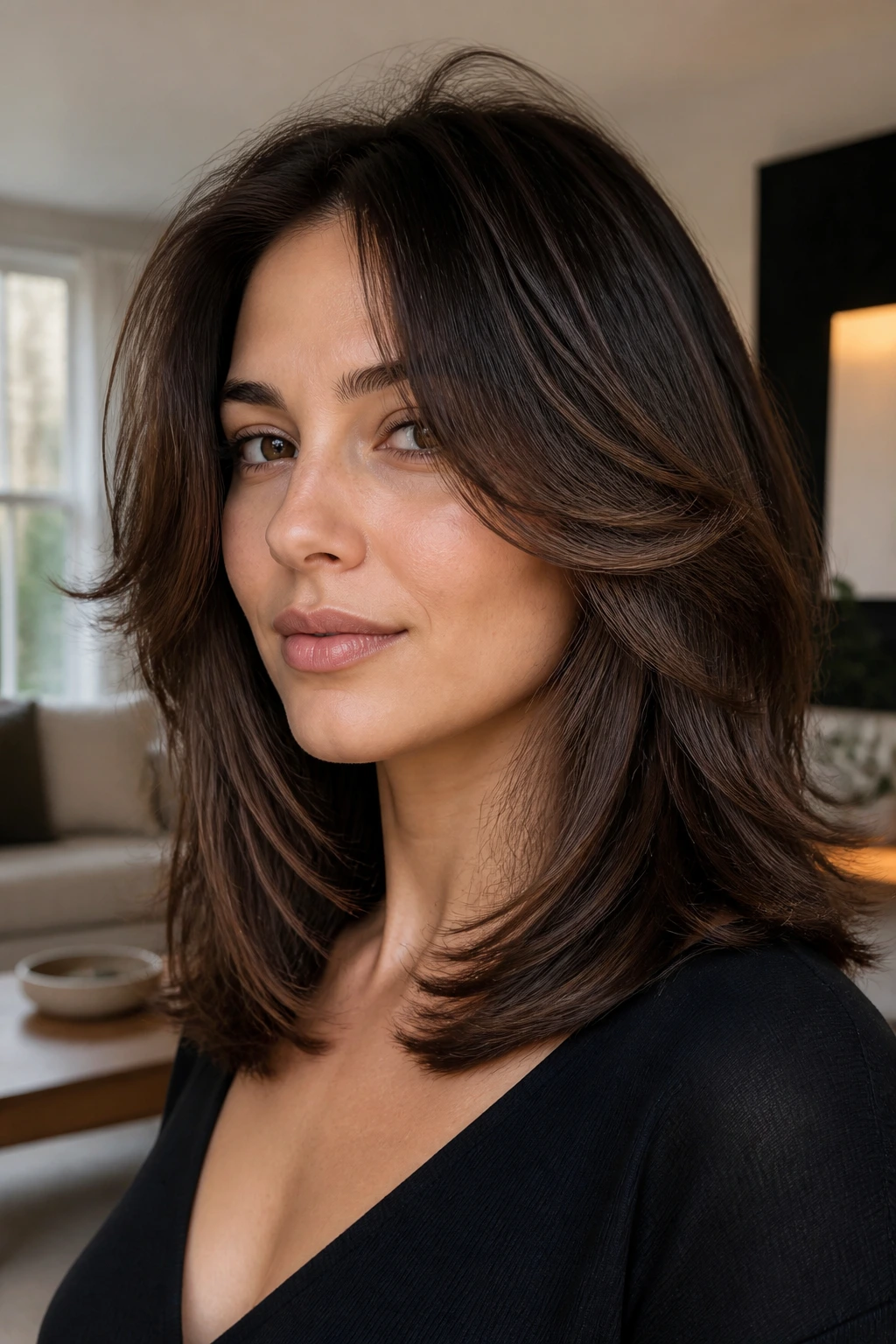 Close-up of a real woman with cheekbone-level face-framing layers framing the face