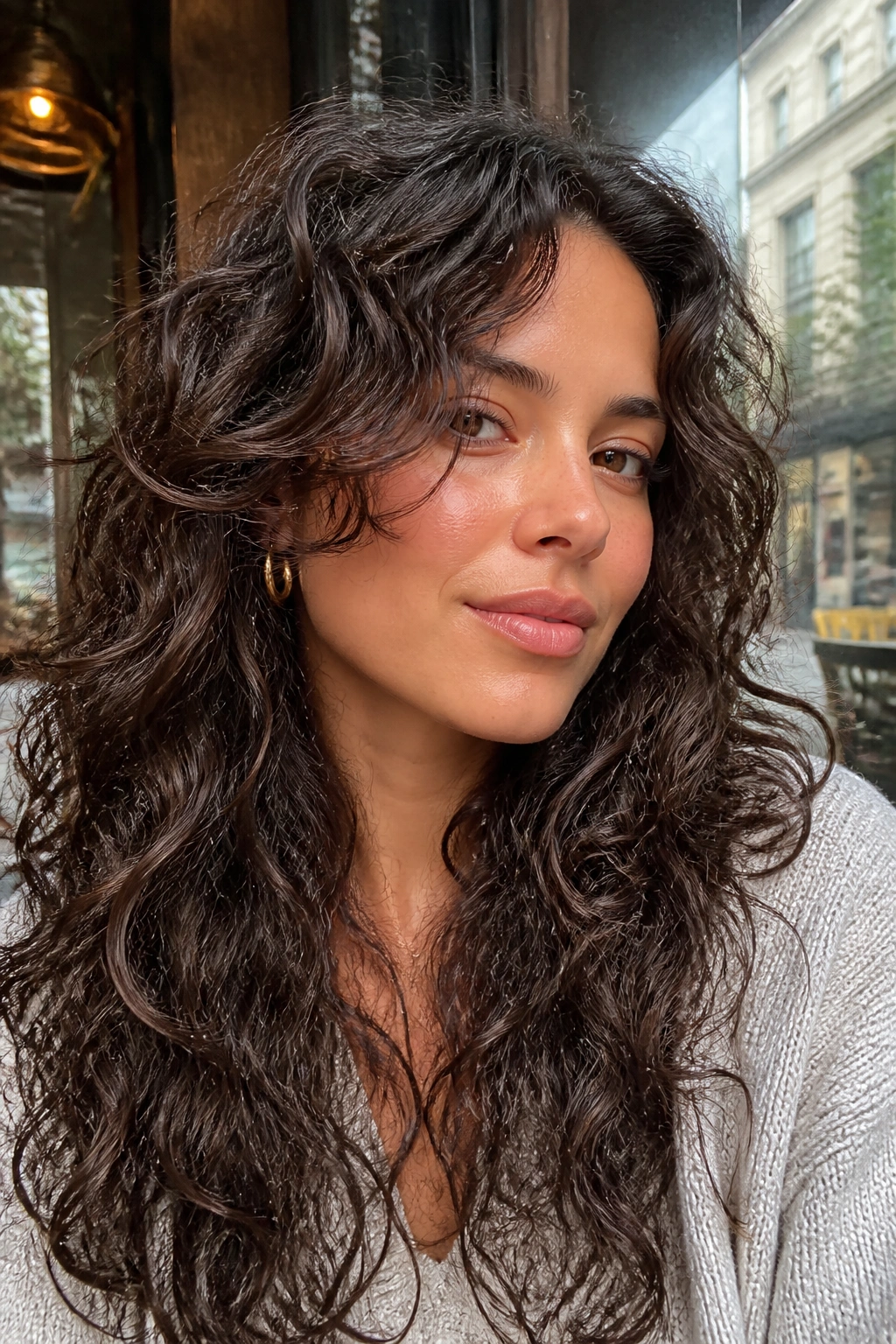 Real woman with cheekbone-length face-framing layers in curls.