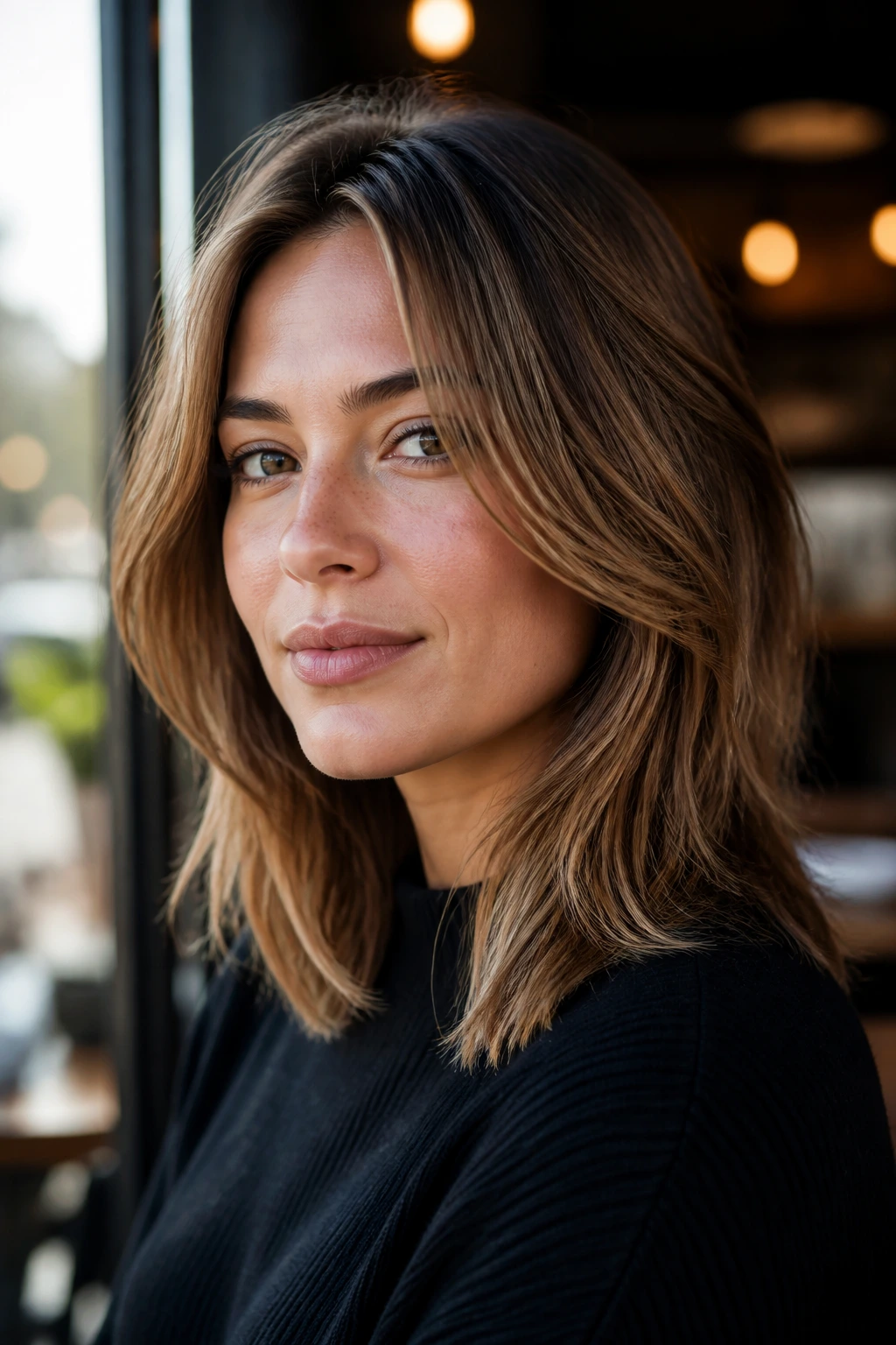 Close-up of a real woman with cheekbone-grazing face-framing layers under warm window light