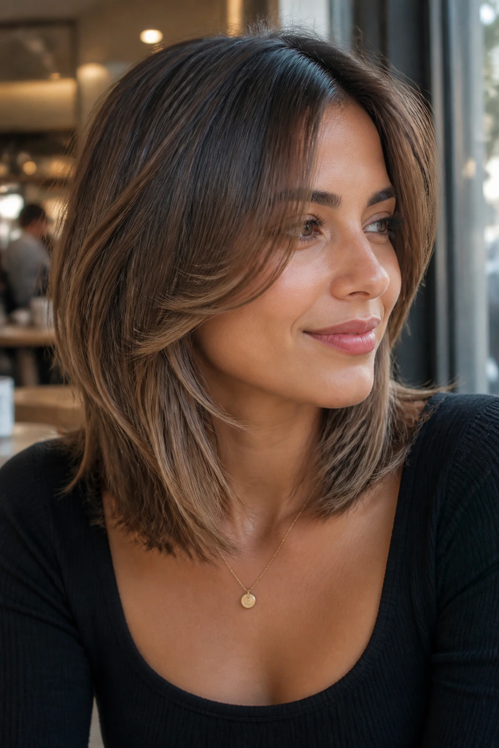 Real woman with cheekbone-starting face-framing layers in natural daylight