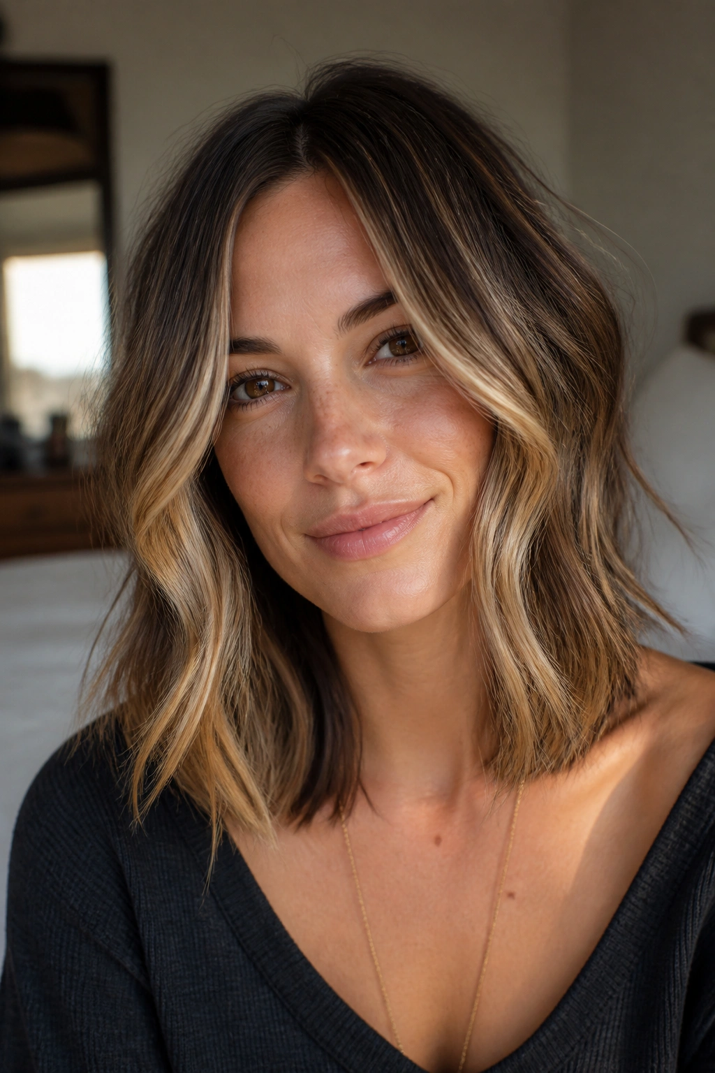 Close-up of a real woman with cheekbone-level face-framing layers.