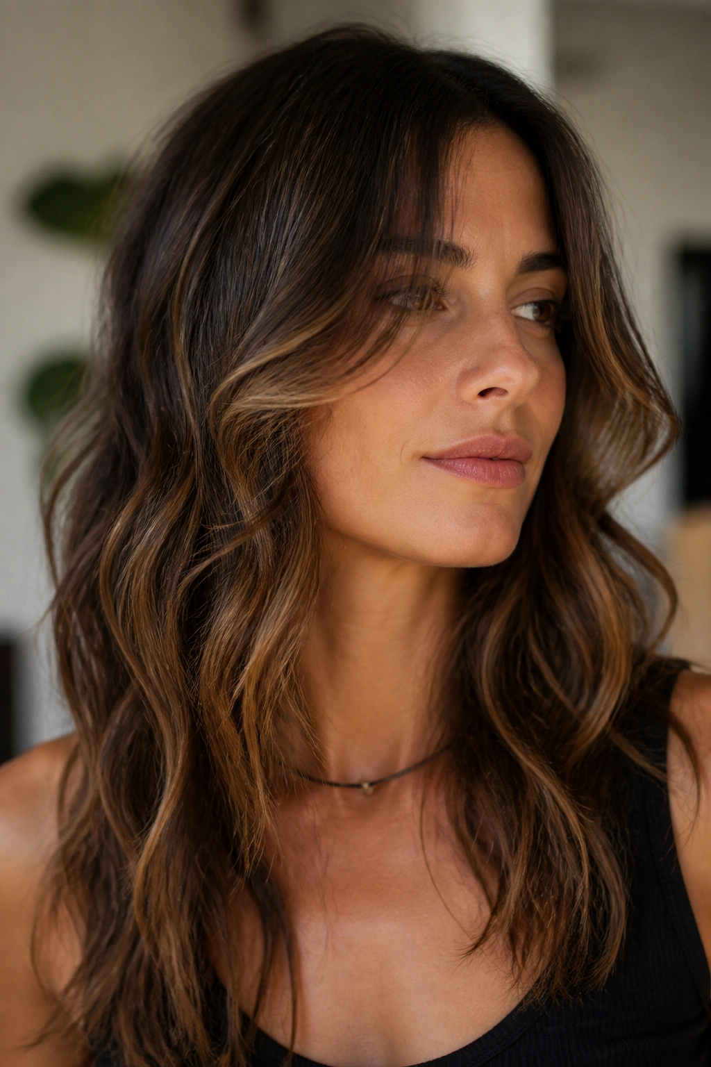 Close-up portrait of a real woman with cheekbone-starting face-framing layers in wavy hair, window light