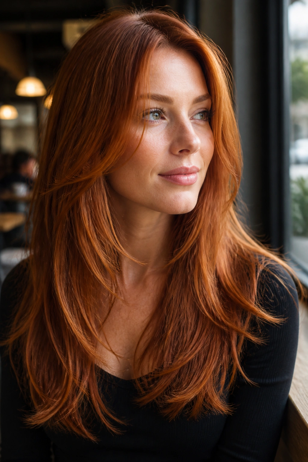Close-up portrait of a real woman with face-framing front layers in copper-red hair