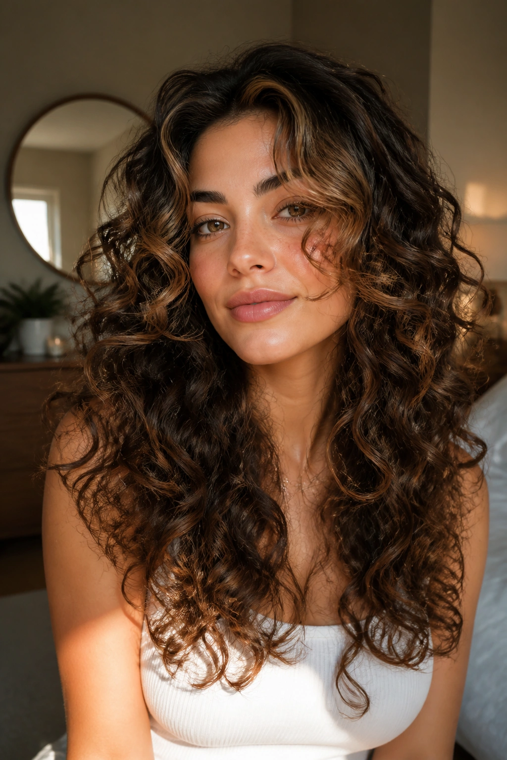 Close-up of a real woman with face-framing front layers highlighting the cheeks