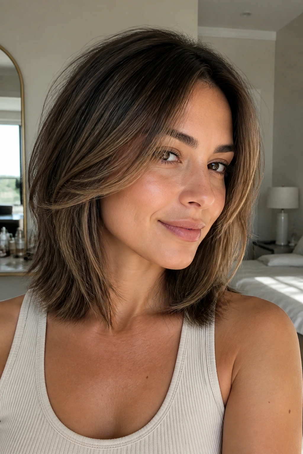 Close-up portrait of a real woman with face-framing layers starting at the cheekbone