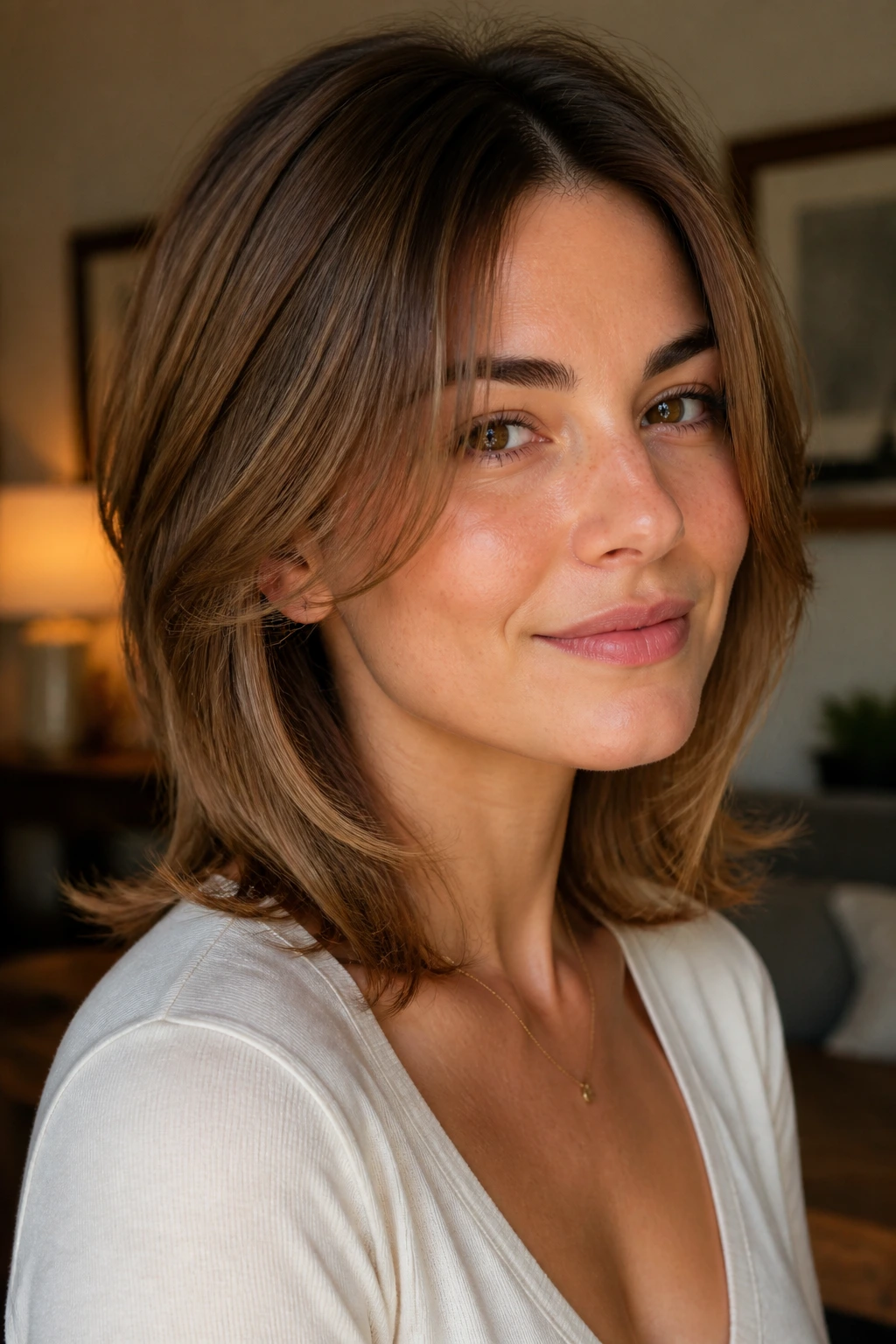Close-up of real woman with face-framing cheekbone layers