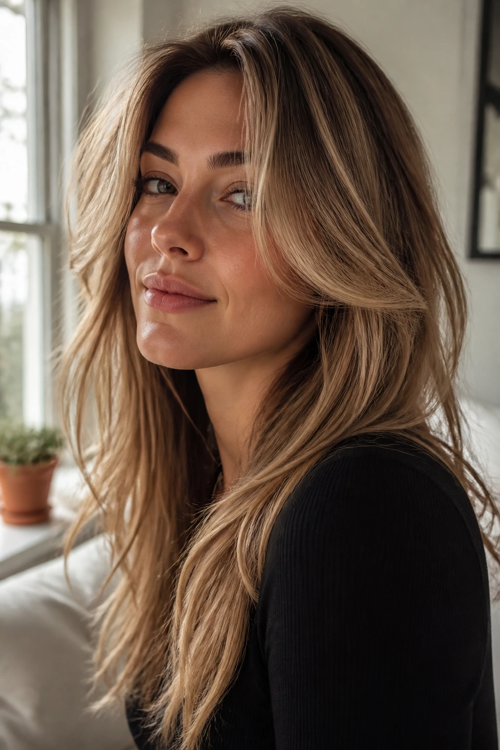 Real person with face-framing layers around the cheeks