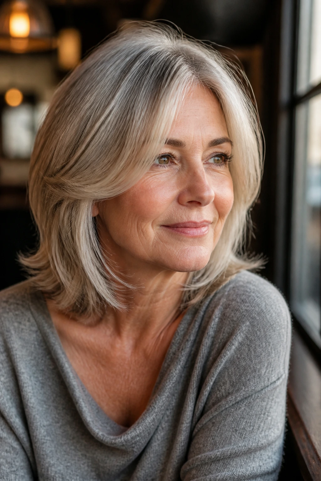 Portrait of an older woman with face-framing layers around the cheekbones