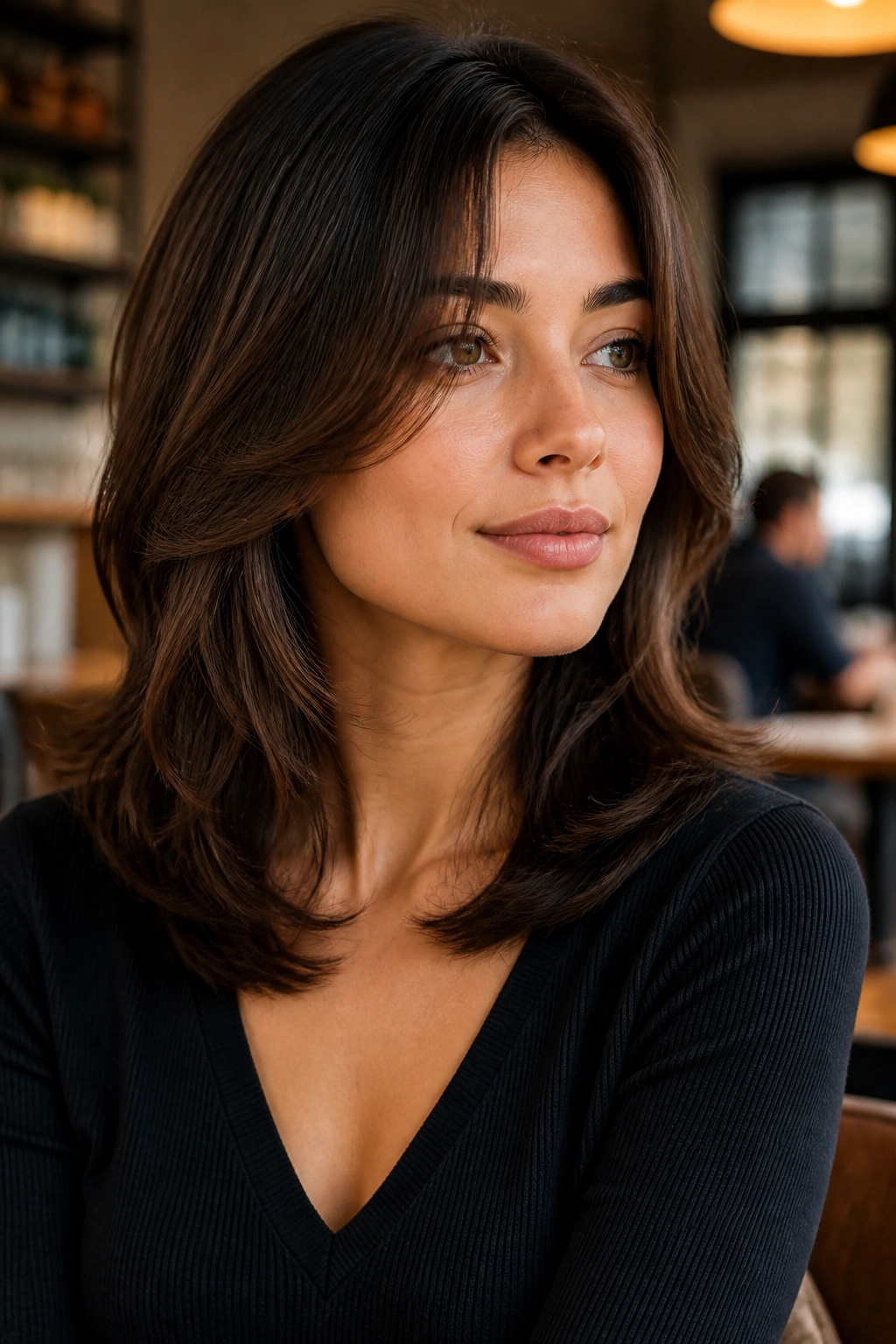 Close-up of a woman with face-framing layers around a strong jaw