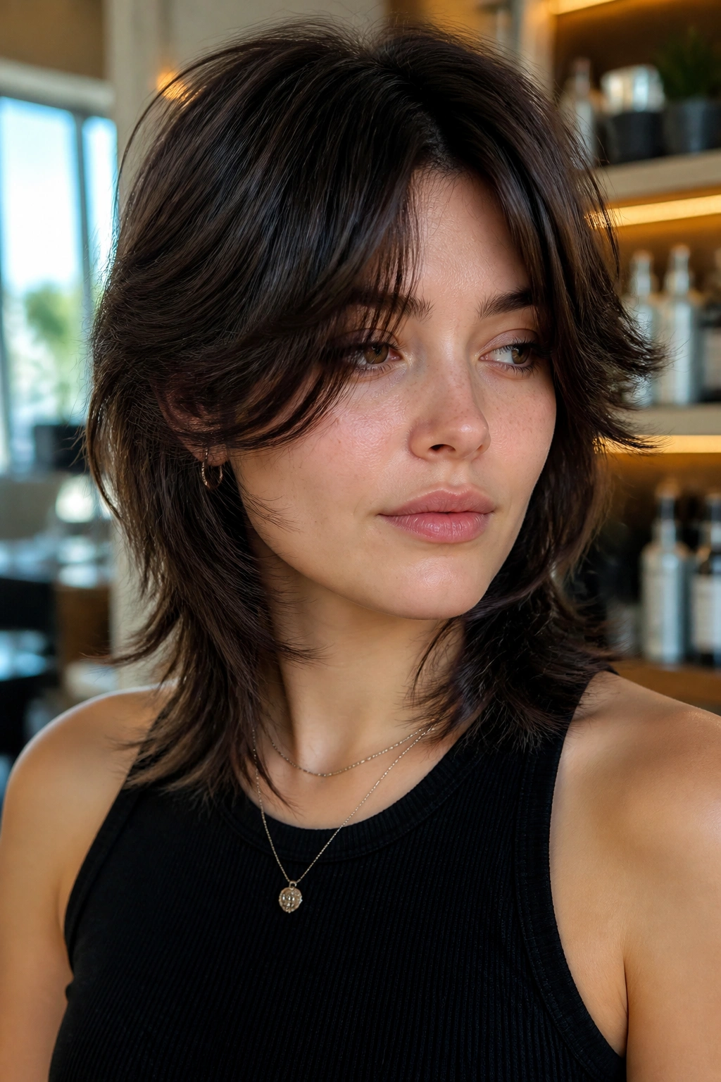 Close-up portrait of a real person with face-framing layers balancing a round or square jaw in a warm salon