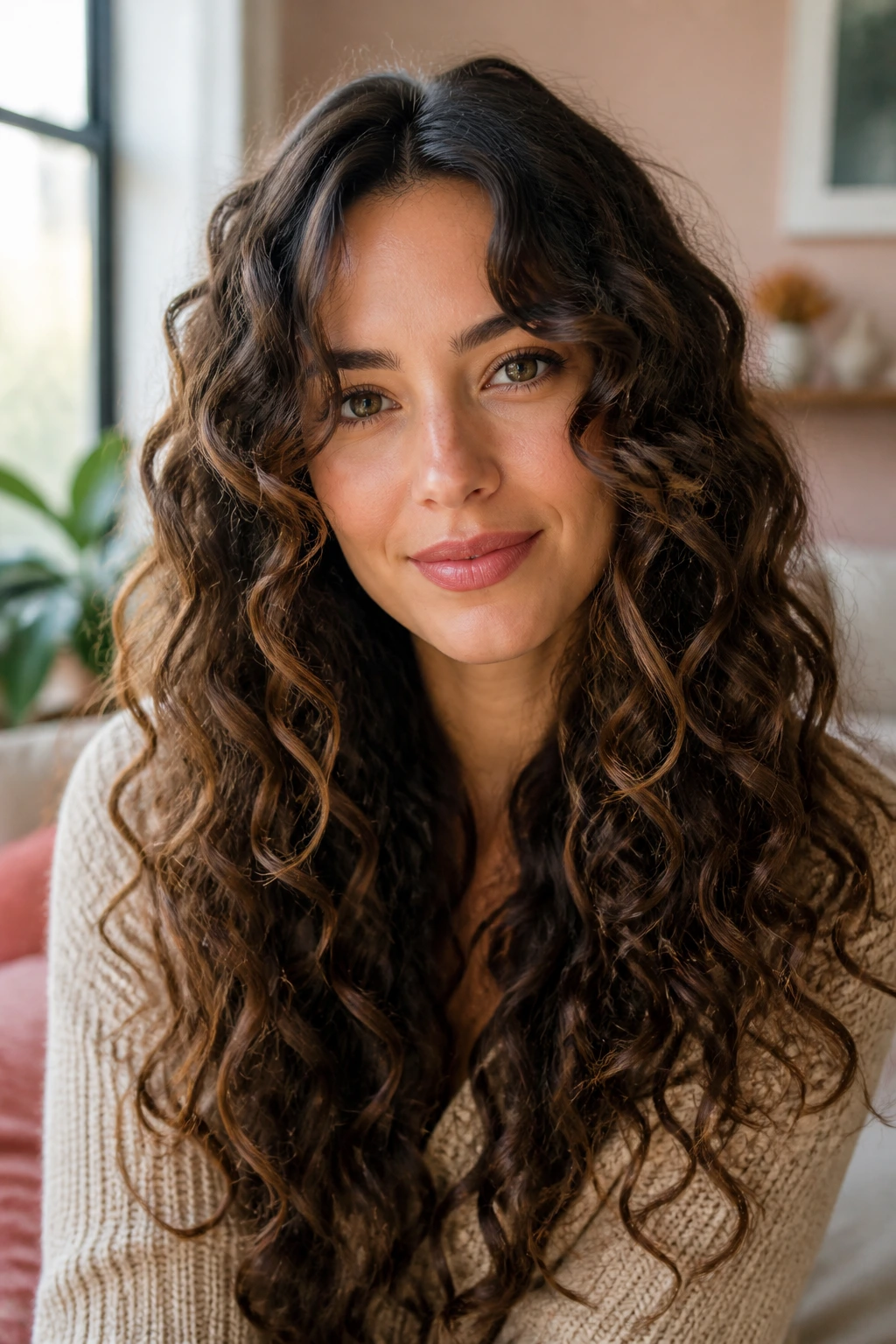 Portrait of a woman with front face-framing layers on long curls