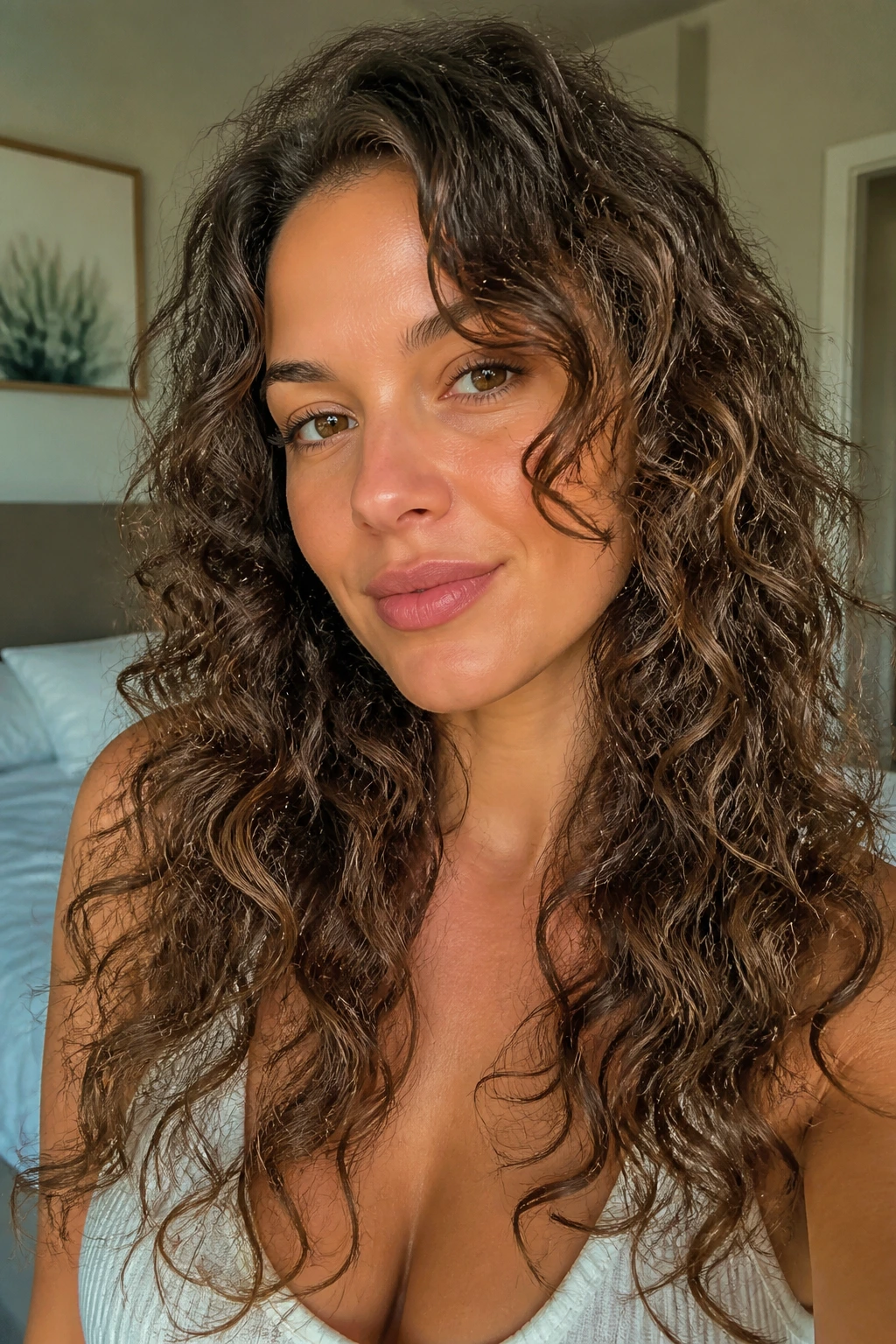 Close-up portrait of a real person with long face-framing layers in curly hair