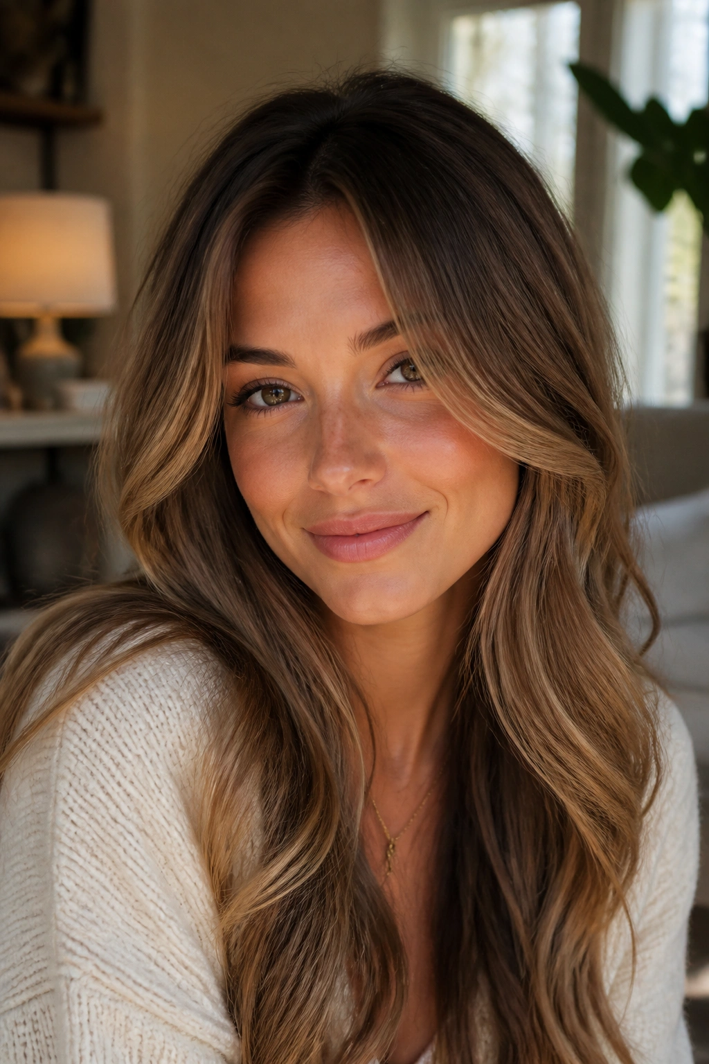 Portrait of a woman with face-framing layers and a loose bend around the cheeks