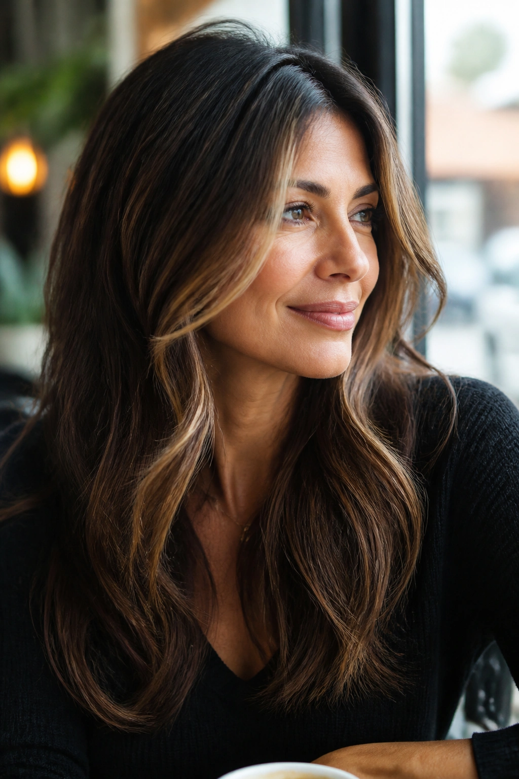 Real woman with face-framing layers and money piece on brunette hair.
