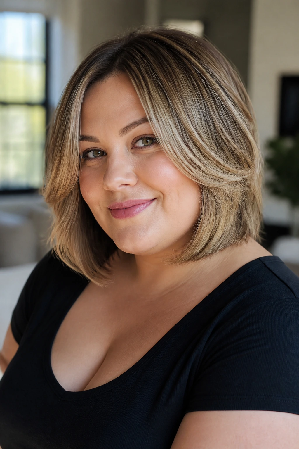 Portrait of a woman with face-framing layers inspired by the Rachel haircut