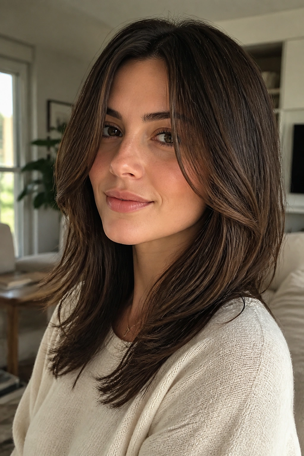 Close-up portrait of a real woman with face-framing layers around the cheeks.