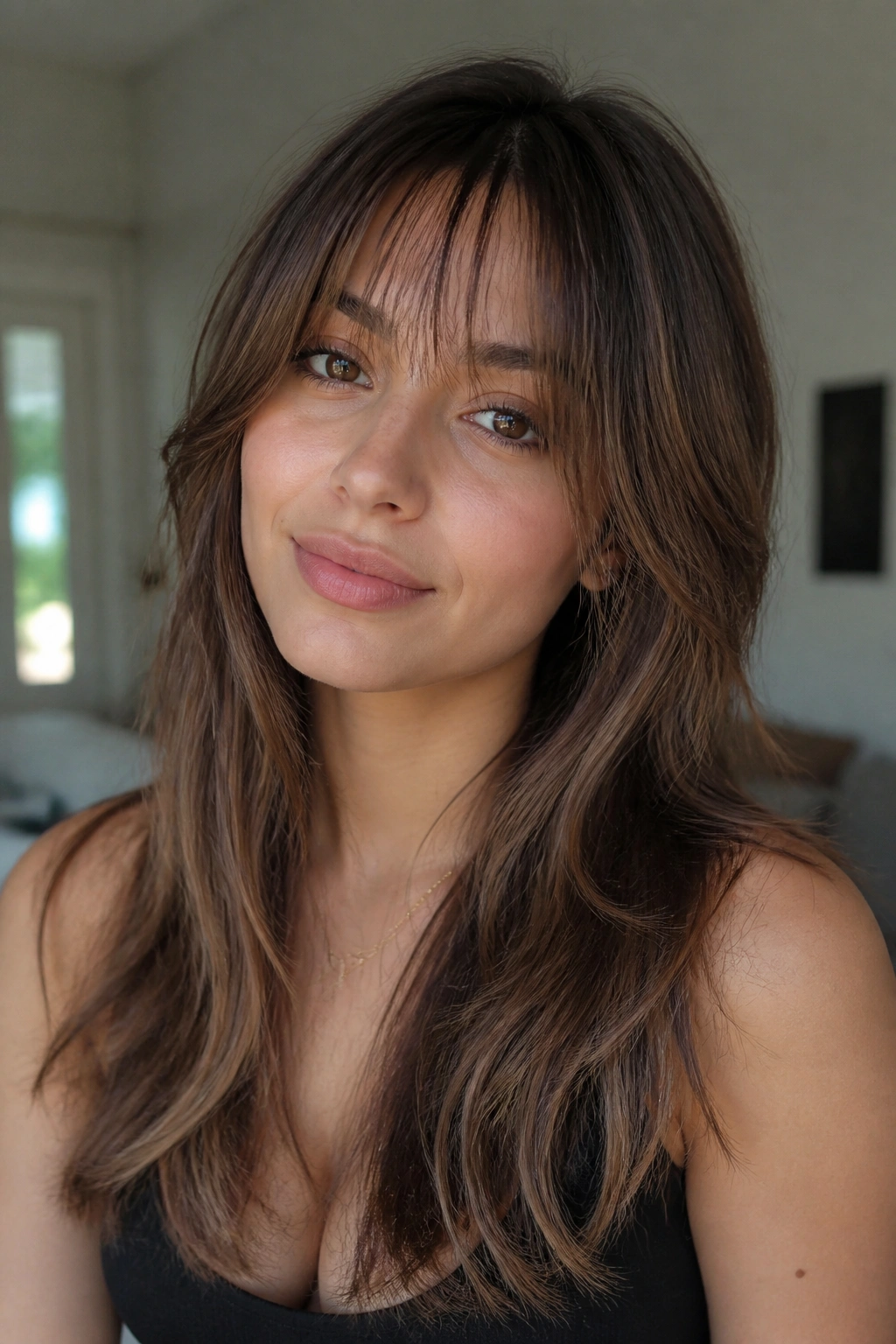 Close-up of a woman with face-framing layers and see-through bangs