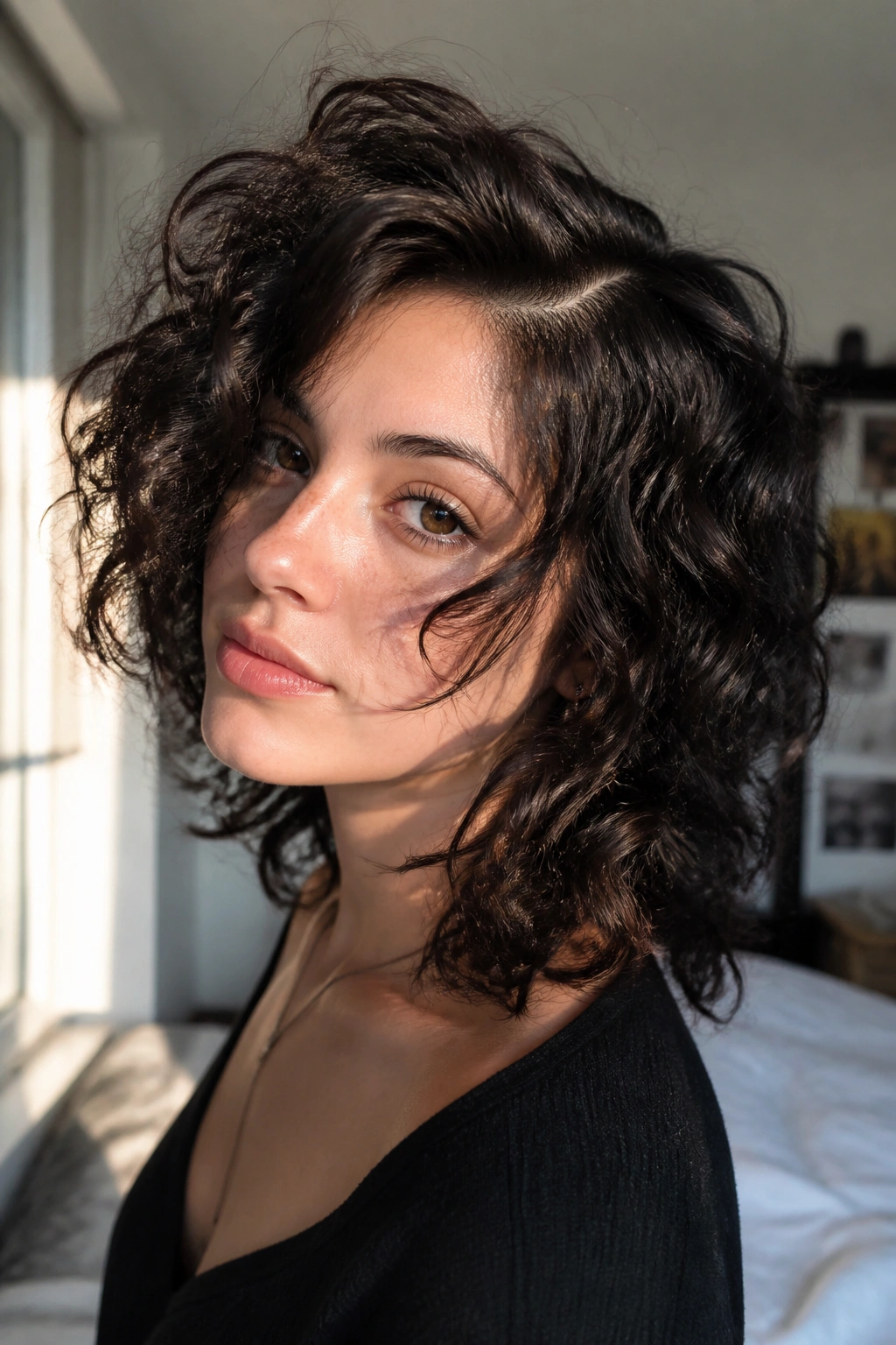 Real woman with face-framing layers and deep side part in natural window light
